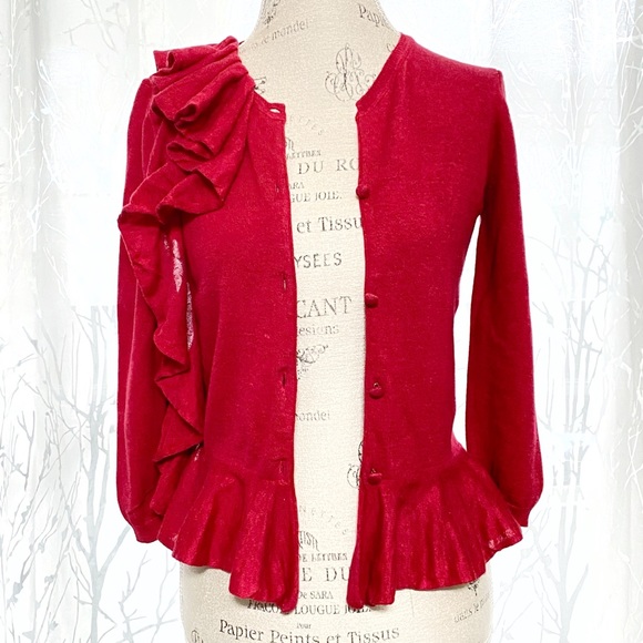 Red Valentino red knit button down ruffle cardigan sweater top - Picture 2 of 11